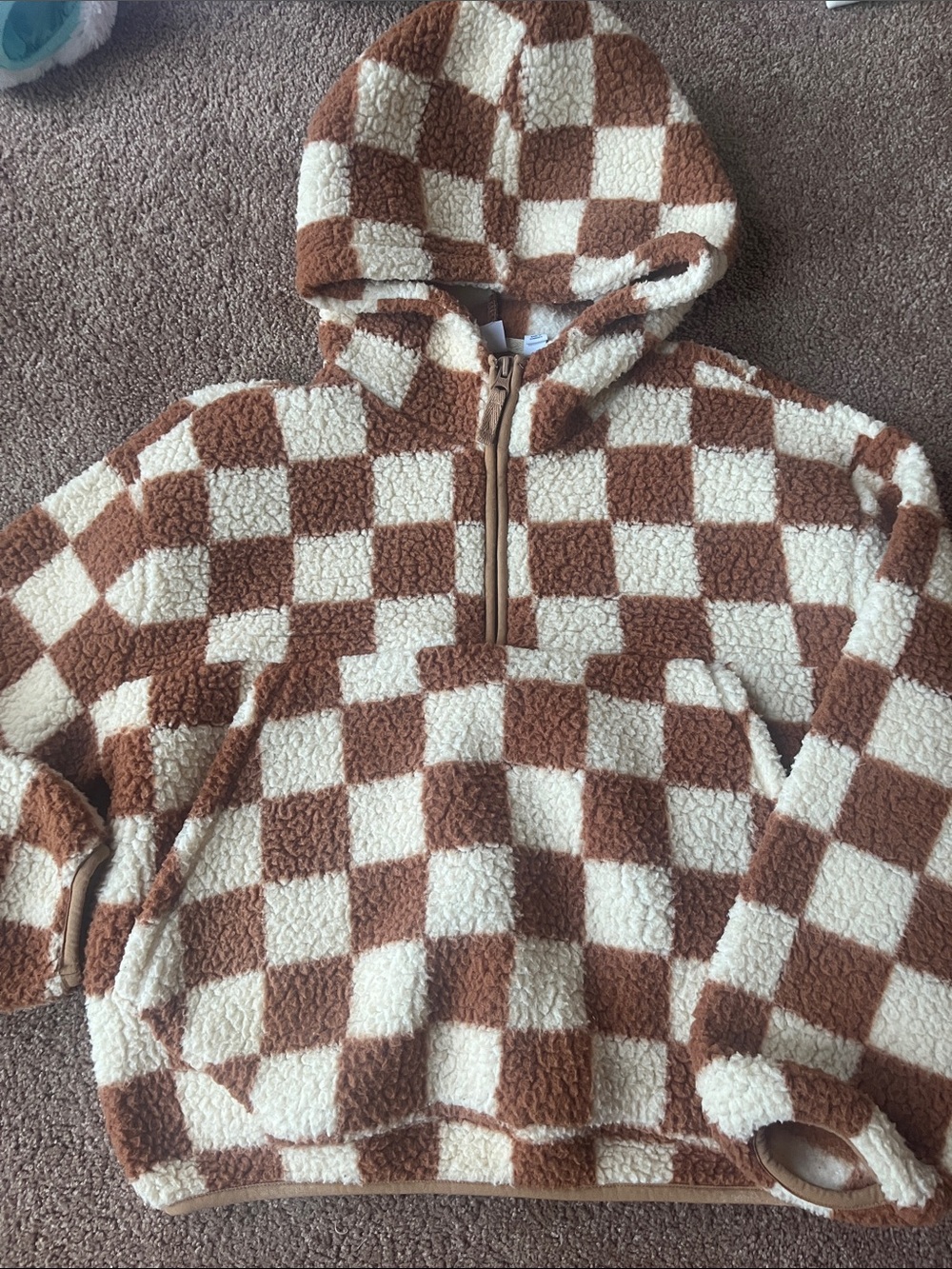 GAP Brown & Cream Checkerboard Sherpa Half-Zip Hoodie